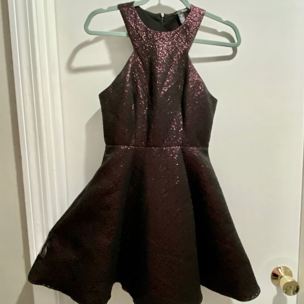 5) Aqua Whimsigoth Vamp Fit & Flare Halter Metallic Y2K Minimalist Mini Dress XS